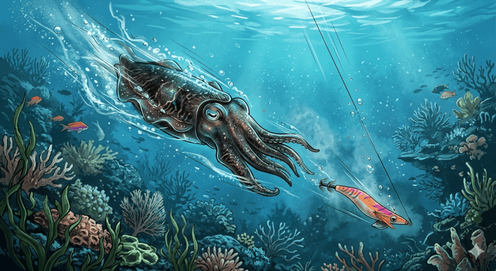 エギを猛追するコウイカ